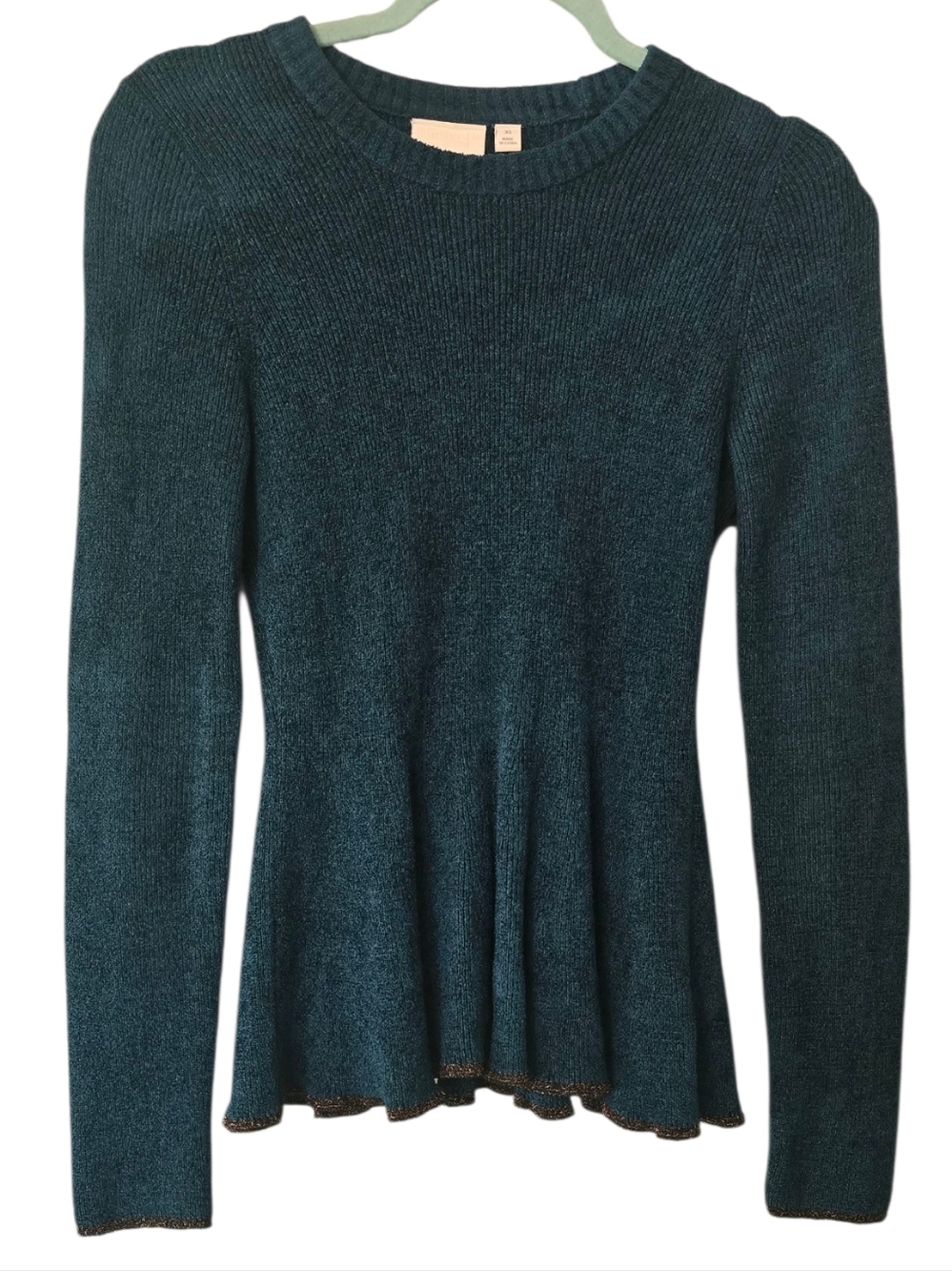 Anthropologie Saturday Sunday Peplum Knit Sweater XS Blue Metallic Trim